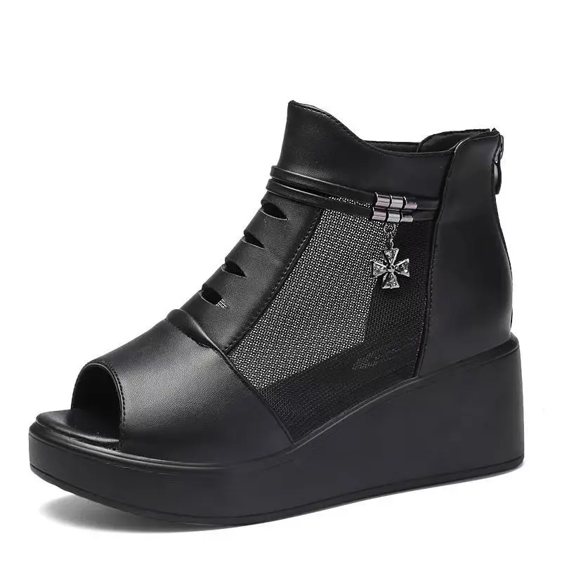 Botas de cuña para mujer, talla grande, con punta abierta, de malla, frescas, de verano, nuevas, con suela gruesa, antideslizantes, transpirables, de caña alta, con cremallera, sandalias tipo botín