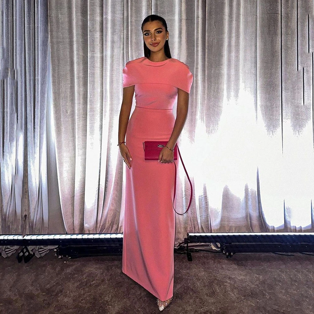 

Tarot Pink O-Neck Evening Dresses Saudi Straight Short Sleeves Formal Prom Party Dress Satin Floor Length فساتين حفلة موسيقية