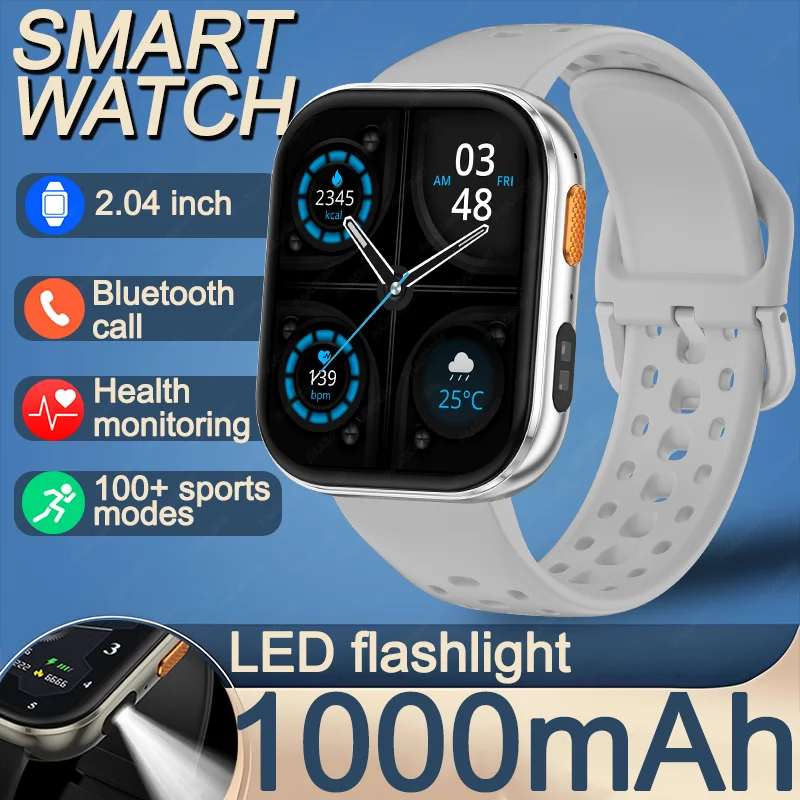 Neue Outdoor-Smartwatch mit 1000mAh Akku, 2,04' HD-Bildschirm, LED-Taschenlampe, 100+ Sportmodi, BT-Anruf, Wasserdicht, für Männer und Frauen