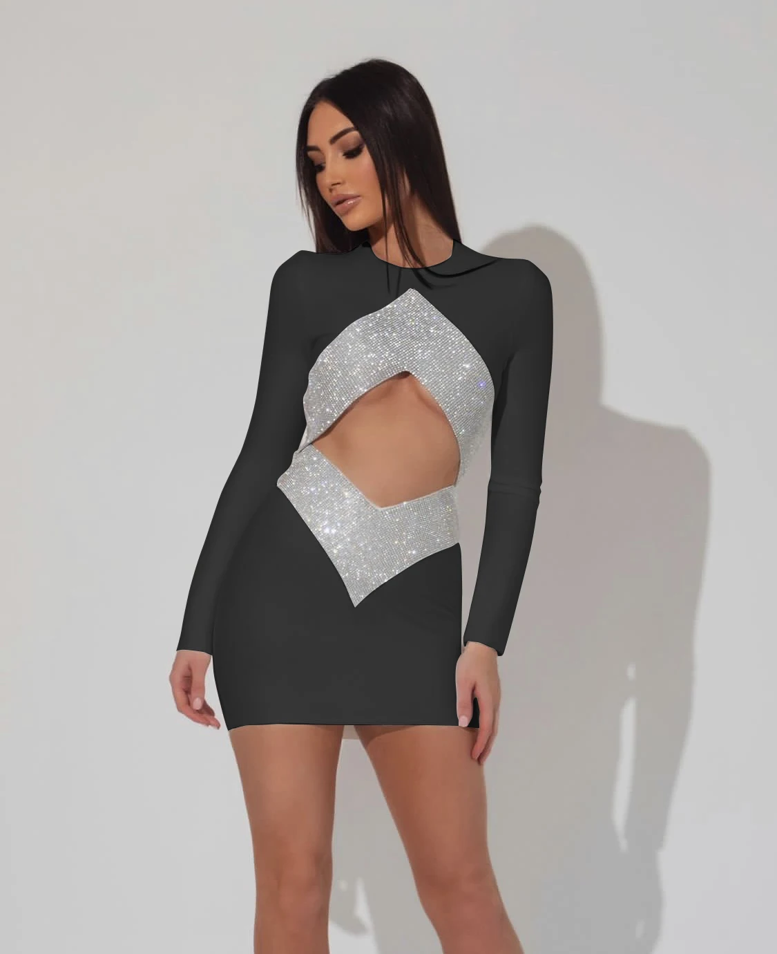 New Black White Color Women Long Sleeve Sexy Diamond Bodycon Mini Dress Rayon Bandage Fashion Nightclub Party Outfit Vestido