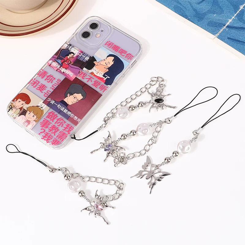 Phone Charm Strap Y2K Keychain Kawaii-Cute Pendant Jewelry Keyring Lanyard String Black Cross-Bow Beaded Chain for Women Girl