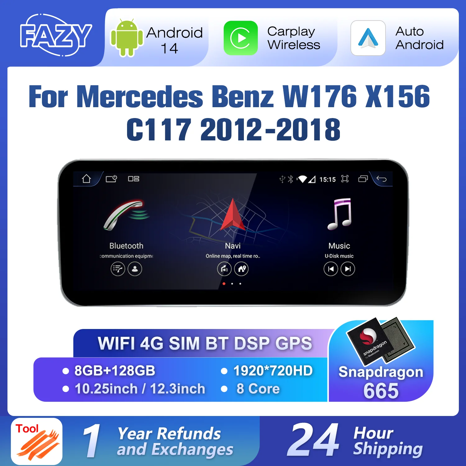 10,25/12,3-calowy ekran samochodowy Android 14 Multimedia dla Mercedes Benz A CLA GLA W176 C117 X156 WIFI 4G Wireless CarPlay GPS Navi