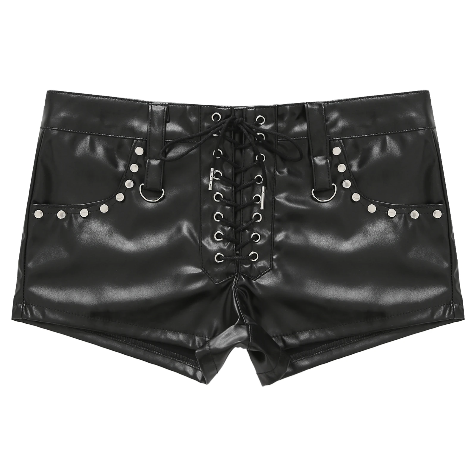 Women Sexy Black PU Leather Shorts Fashion Clubwear Wet Look Low Waist Lace-up Pockets Rivets Minipants Tight Fitting Hot Pants