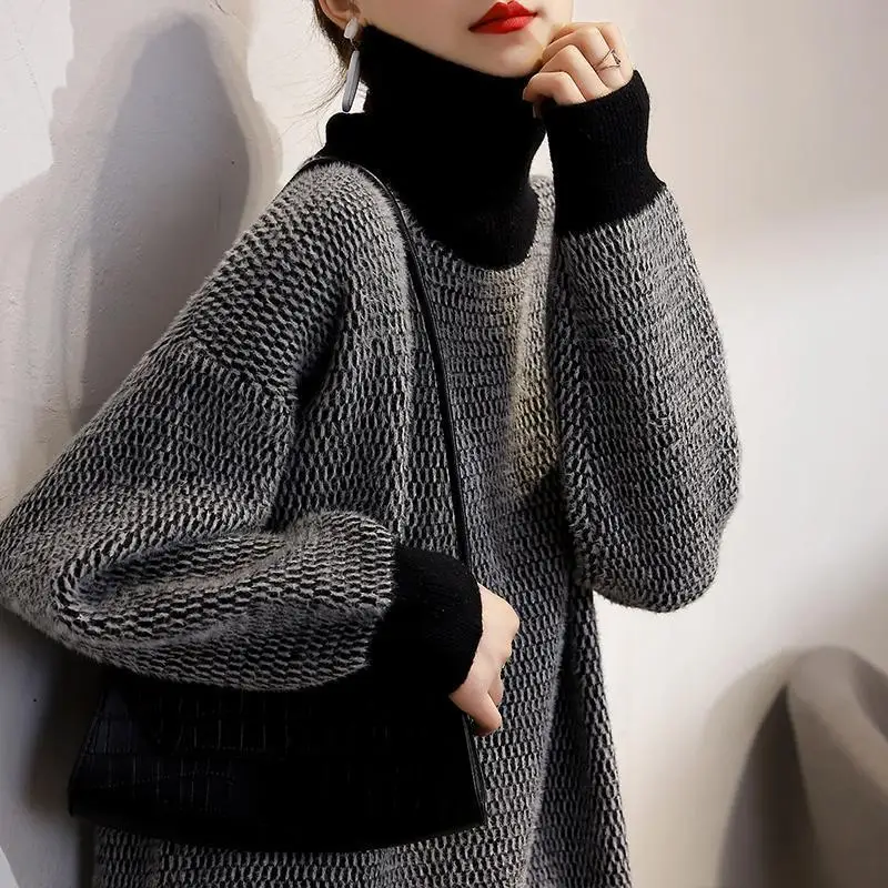 Women\'s Clothing Commute Vintage Turtleneck Jumpers Autumn Winter New Stylish All-match Patchwork Long Sleeve Knitted Sweaters