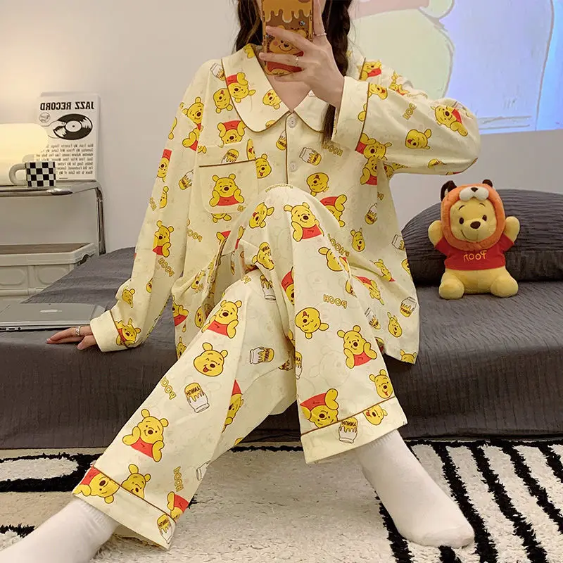 Disney Winnie The Pooh Bear Cute Pajamas Women Spring Autumn Long Sleeve Sleepwear Fashion Kawaii Loose Cartoon Home Clothes Y2k