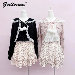 2024 New Japanese Style Autumn Girl Crochet Hollow Flower Sailor Collar Knitted Cardigan Women's Sweet Short Sweater Coat