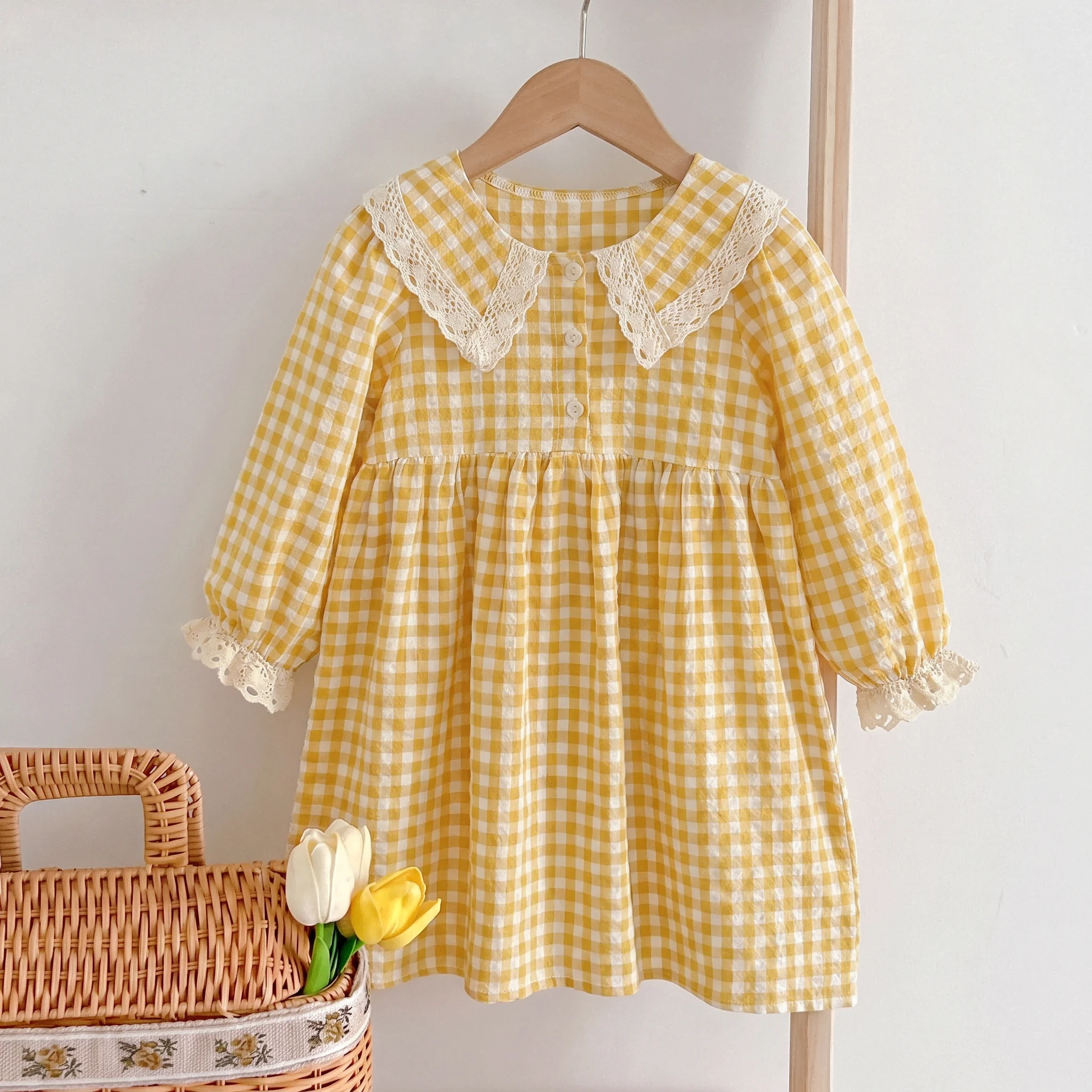 Autumn Sweet Yellow Sweet and Lovely Casual Countryside Style Lace Lapel Plaid Long Sleeved Dress for Girls Aged 3-7