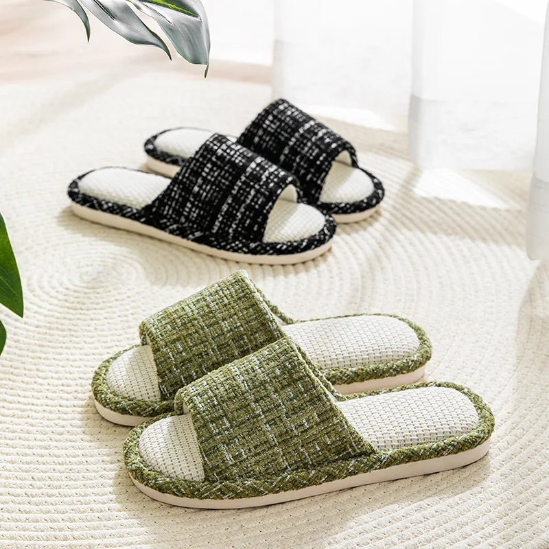 Atmungsaktive Leinen-Hausschuhe für Damen und Herren, gestrickte Tweed-Slipper mit offener Zehenpartie, rutschfeste, dicke, weiche Sohle, schweißabsorbierende Hausschuhe. – Detail 2