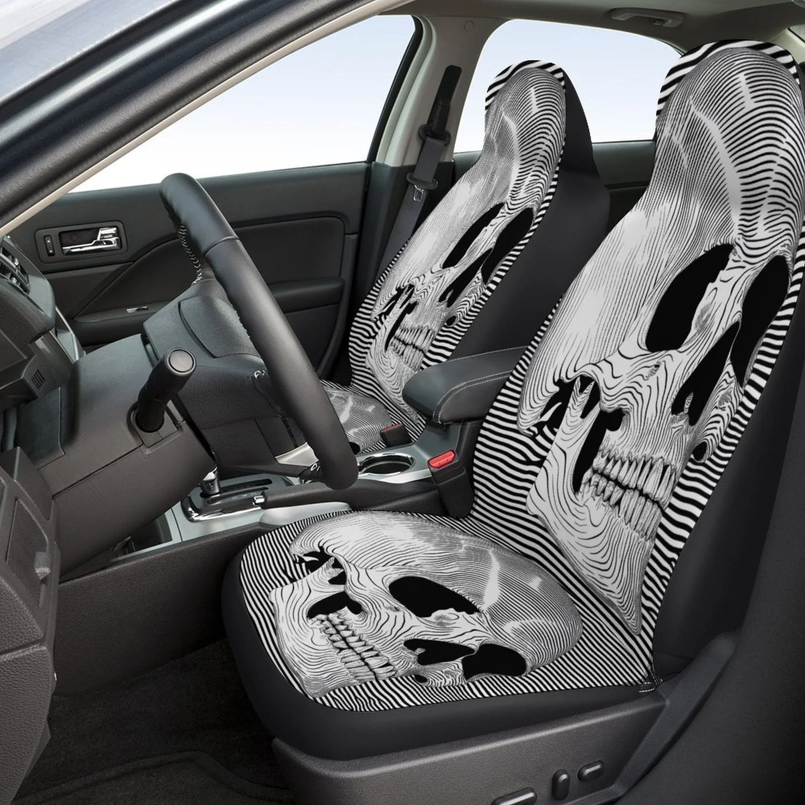 Stylized Skull Optical Art Designed Car Seat Cover Set For Most Cars, High-quality Comfortable Car Seat Protector Covers Full Se