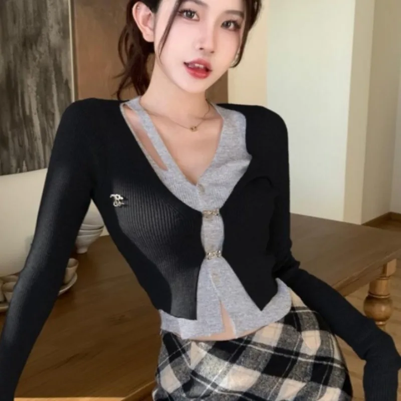 Chic Cardigans for Women Long Sleeve V-neck Niche Fake 2 Pcs All-match Slim High Street Sexy Spring Autumn Hot Girls New Popular