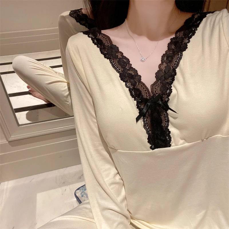 Spring and Autumn Women\'s Lace Cotton V-neck Sexy Pajamas Simple Warm Winter Long Sleeve Pants Set Pajamas Home Clothes