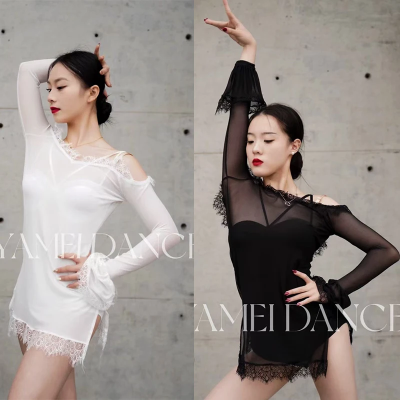 

2025 белое, черное сетчатое кружевное платье для латинских танцев, женская сексуальная тренировочная одежда, боди на бретельках, клубный танцевальный костюм для румбы, танго, DNV23228