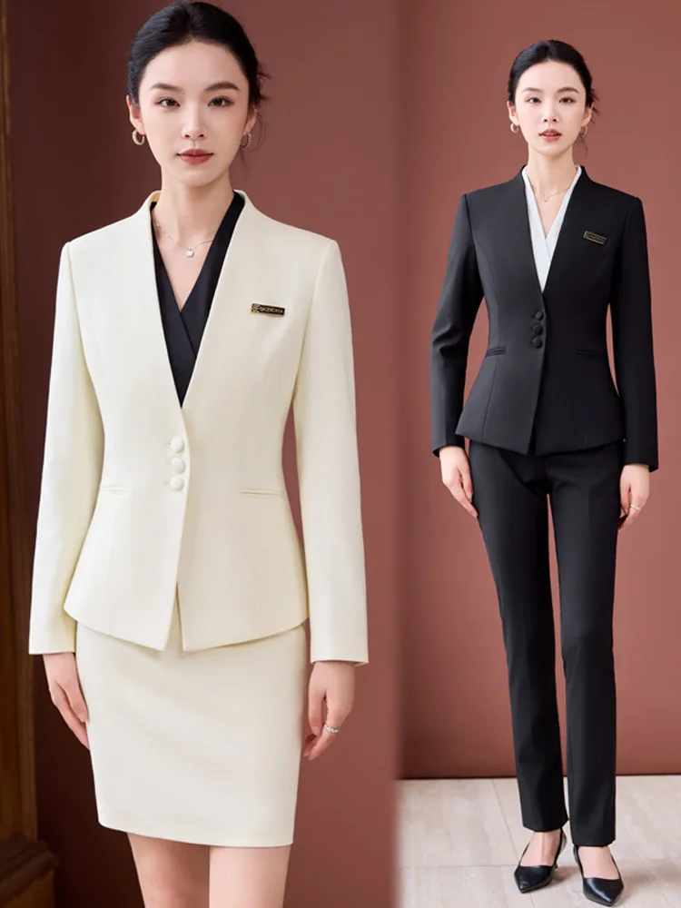 

Элегантные женские костюмы премиум-класса для весны и осени, в стиле богини, без воротника, для униформы персонала гостиниц.