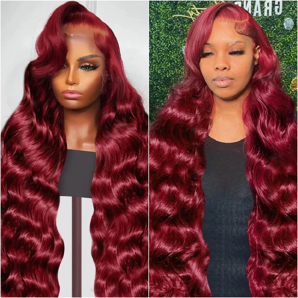 13x6HD الدانتيل شعر مستعار أمامي 99J الأحمر بورجوندي الملونة خصلات الشعر المستعار الإنسان الجسم موجة خصلات الشعر المستعار الإنسان الدانتيل الشفاف الباروكات الأمامية للنساء