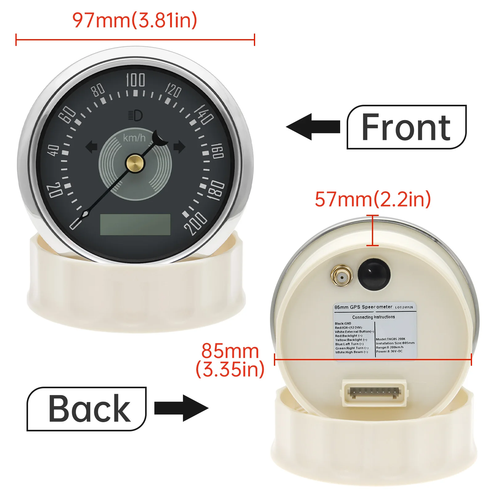 85mm Classical GPS Speedometer 0-160KM/H 200KM/H 200MPH Speed Meter with Antenna  Beam Turn Light Red Yellow Backlight 12V/24V
