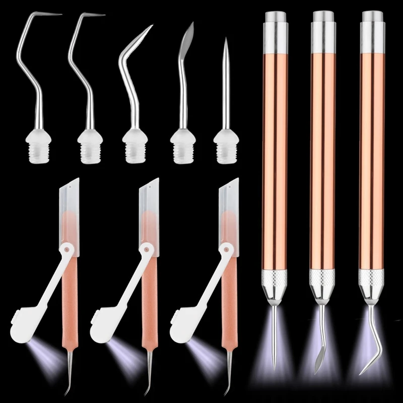 Set di strumenti per diserbo in vinile, con 3 penne per diserbo a LED, 3 pinzette luminose a LED, 5 perni e ganci strumenti per diserbo illuminati, durevoli