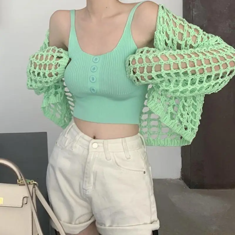 31BF Women Long Sleeve Hollow Out Crochet Open Front Cardigan Shrug Ribbed Knit Buttons Front Camisole Sweater Crop Top