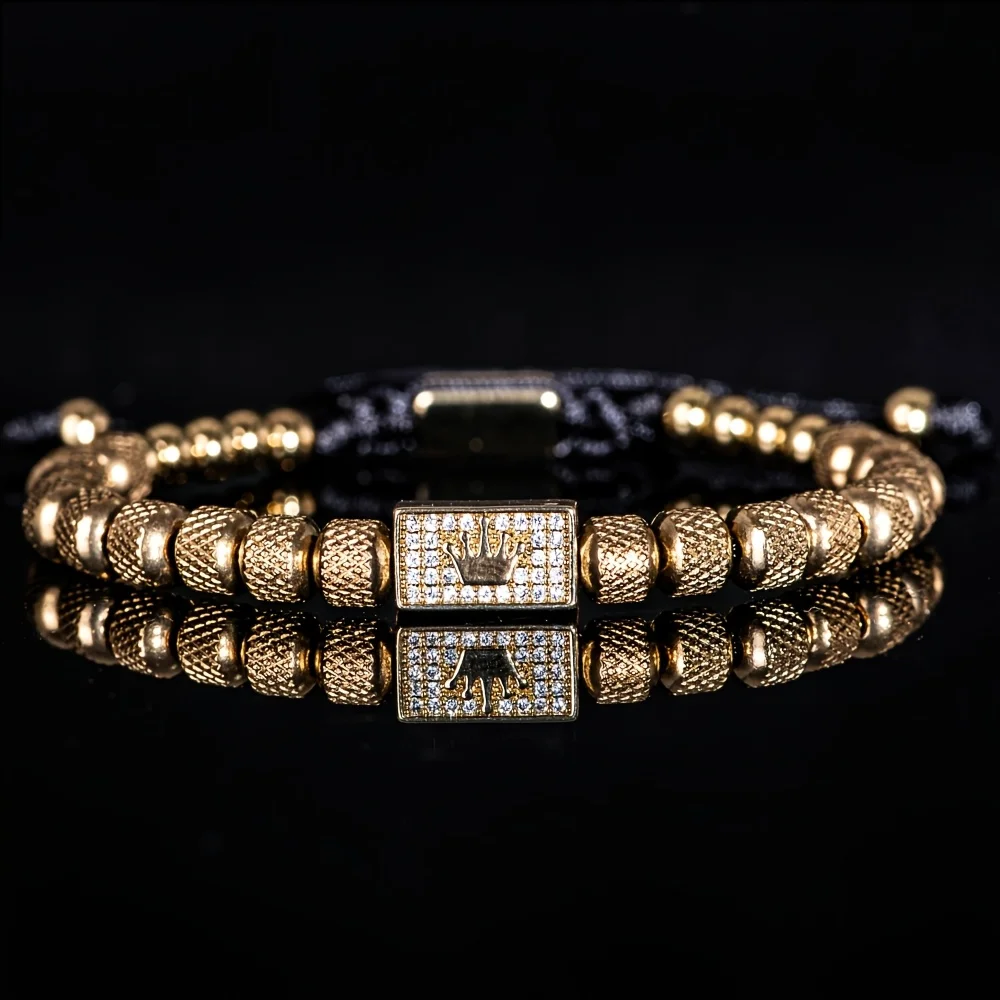[Micro-Set Bead Bracelet] Luxury Micro-Set Square Crown Bead Adjustable Size Men's Gorgeous Braided Bracelet