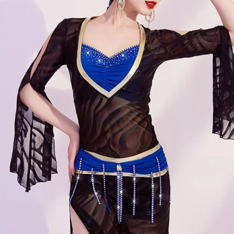 맞춤형 새로운 밸리 댄스 의상 점프 슈트 baladi 가운 댄스 공연 의상 메쉬 롱 드레스 블랙 레드 스플릿 스커트