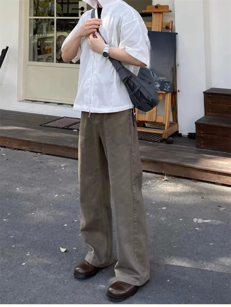 

Американские коричневые рабочие брюки в стиле ретро, мужские осенне-зимние джинсы Cleanfit с высокой талией, прямые брюки, модные мужские джинсы, молодежные джинсы