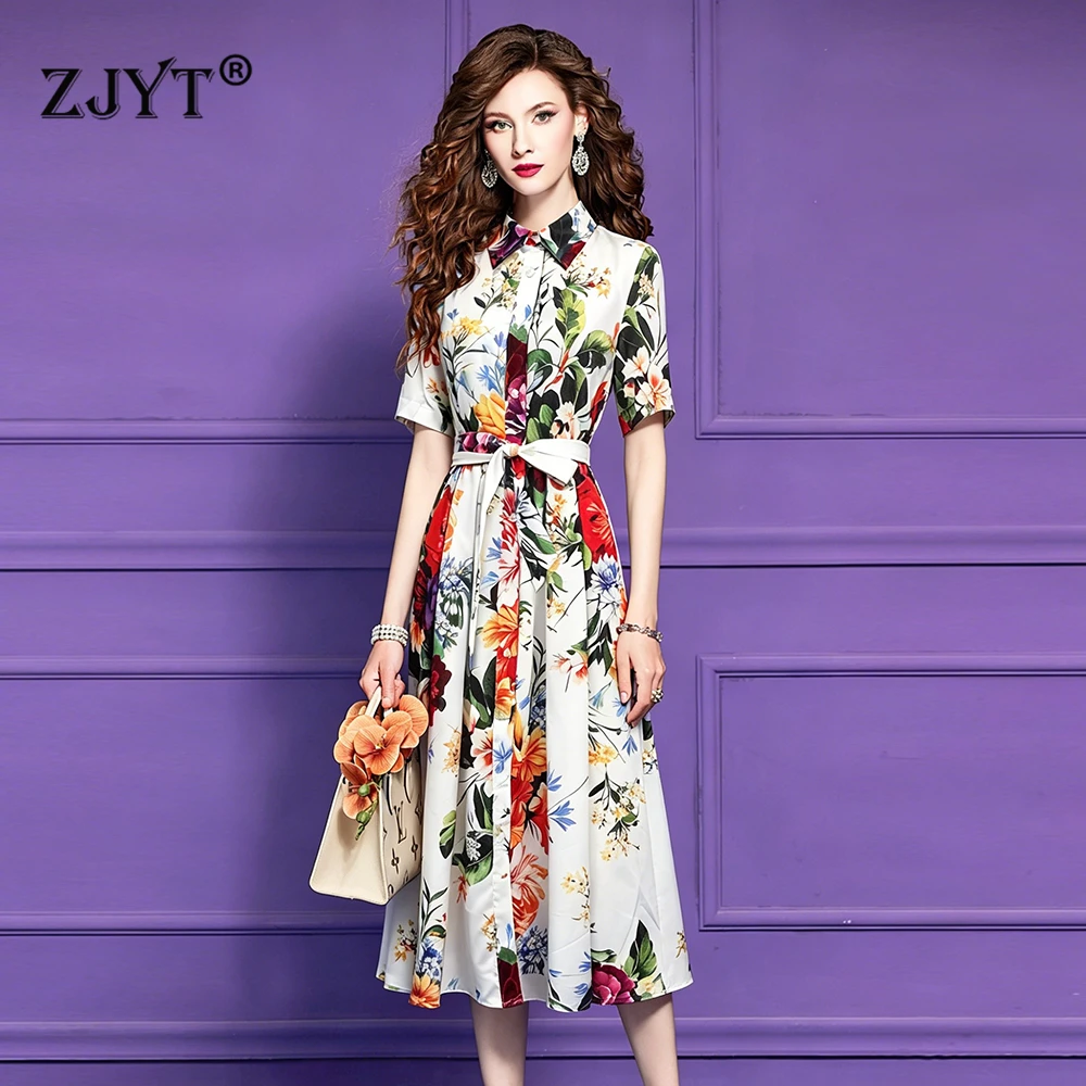 

ZJYT Summer Women's Casual Dresses 2026 New Fashion Short Sleeve Floral Print Shirt Midi Dress Single Breasted Holiday Vestidos