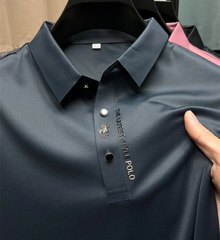 Luxury brand embroidered short sleeve T-shirt men\'s lapel 2024 new summer ice silk seamless breathable golf casual POLO shirt