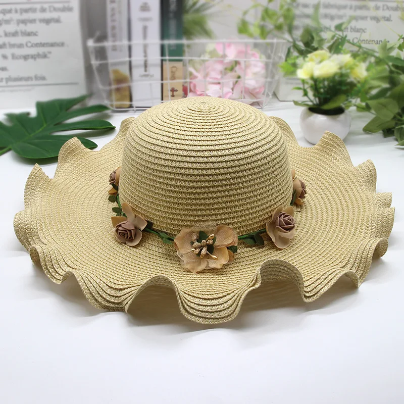 Women'S Summer Hat Foldable Hollow Lace Trim Straw Hat Girls Outdoor Travel Wide Brim Casual Hat Bucket Hats Beach Sunscreen Hat