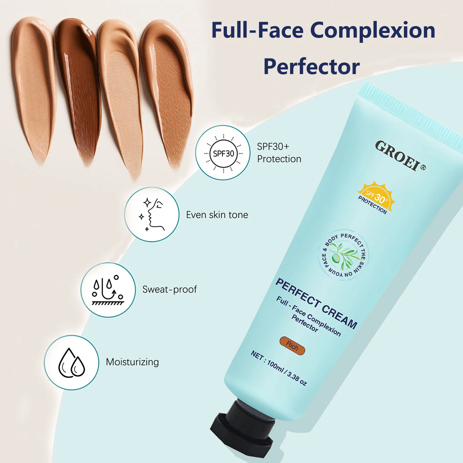 GROEI 3-in-1 100 ml Perfect Cream Light/Medium/Tan/Rich, Korrektor für Gesicht und Körper, wasserfeste SPF30 BB-Flüssigkeit für alle Hauttypen
