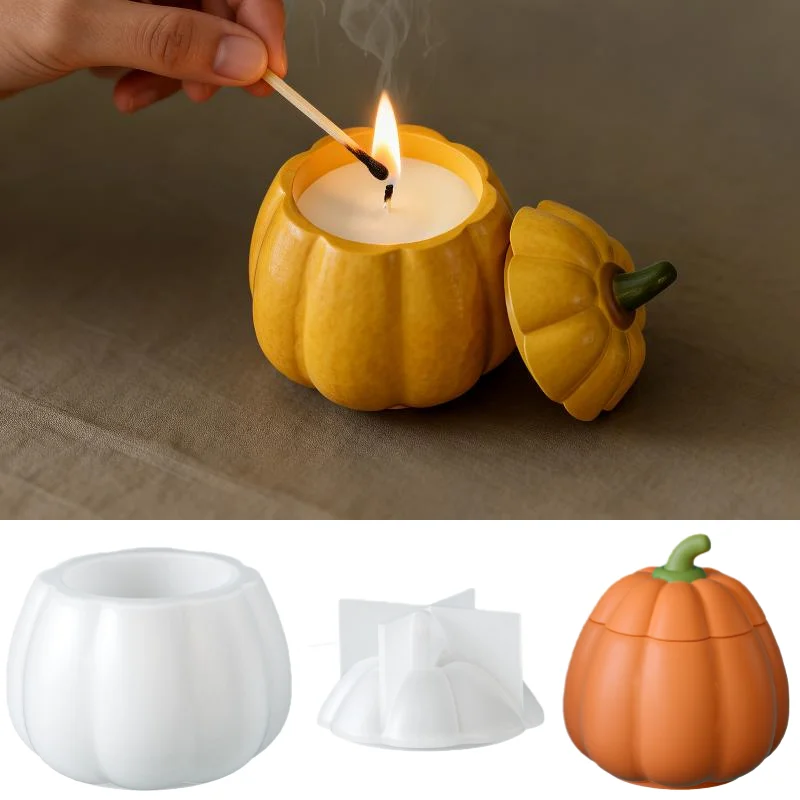 Pumpkin Shape With Lid Storage Jar Silicone Mold DIY Crafts Candle Cup Plaster Concrete Resin Molds Halloween Home Decor Making