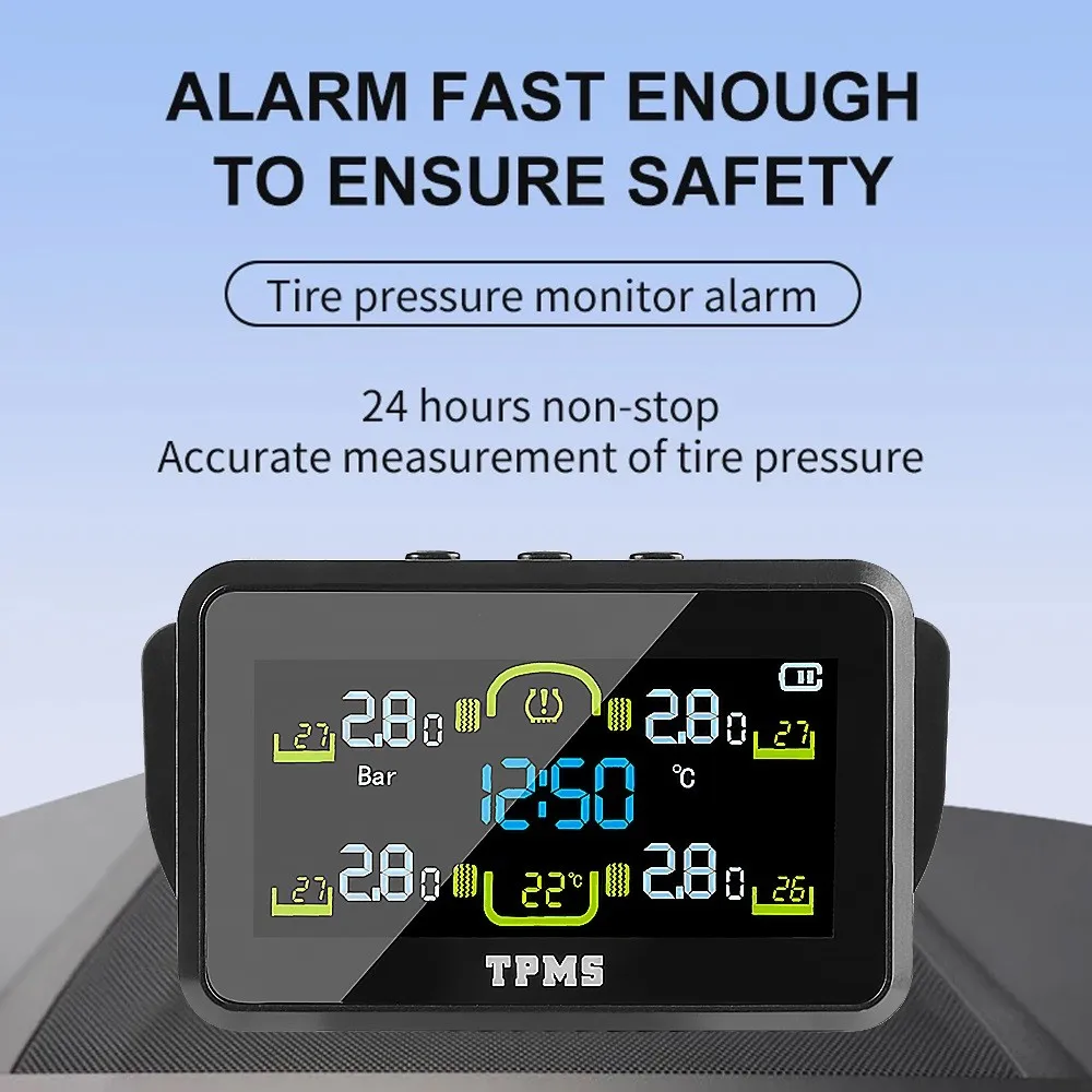 With 4 External Sensors Car Tyre Pressure Monitor Tire Pressure Monitoring System Temperature Warning Fuel Save Solar TPMS