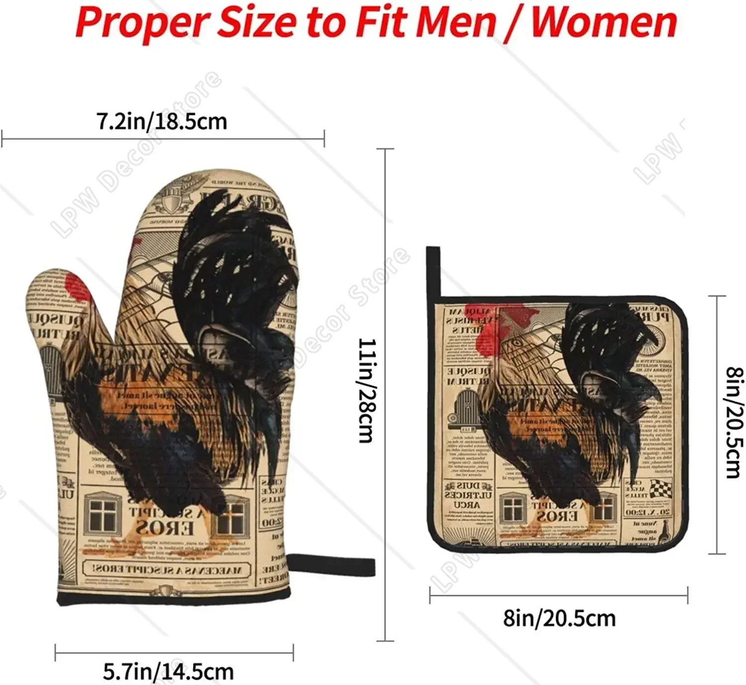 Vintage Newspaper Rooster Oven Mitts and Pot Holders Set of 4 Cotton Lining with Hot Pads Heat Resistant Microwave Gloves - view 2