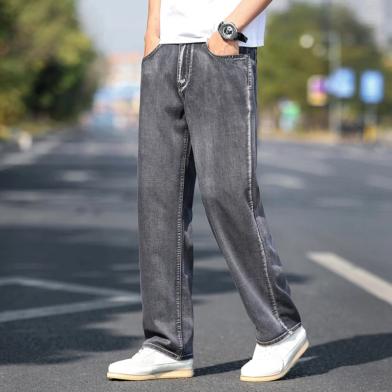Lyocell Jeans Summer Thin Men's Loose Straight Trousers Breathable Cool Soft Casual Business Work Classic Washed Denim Pants