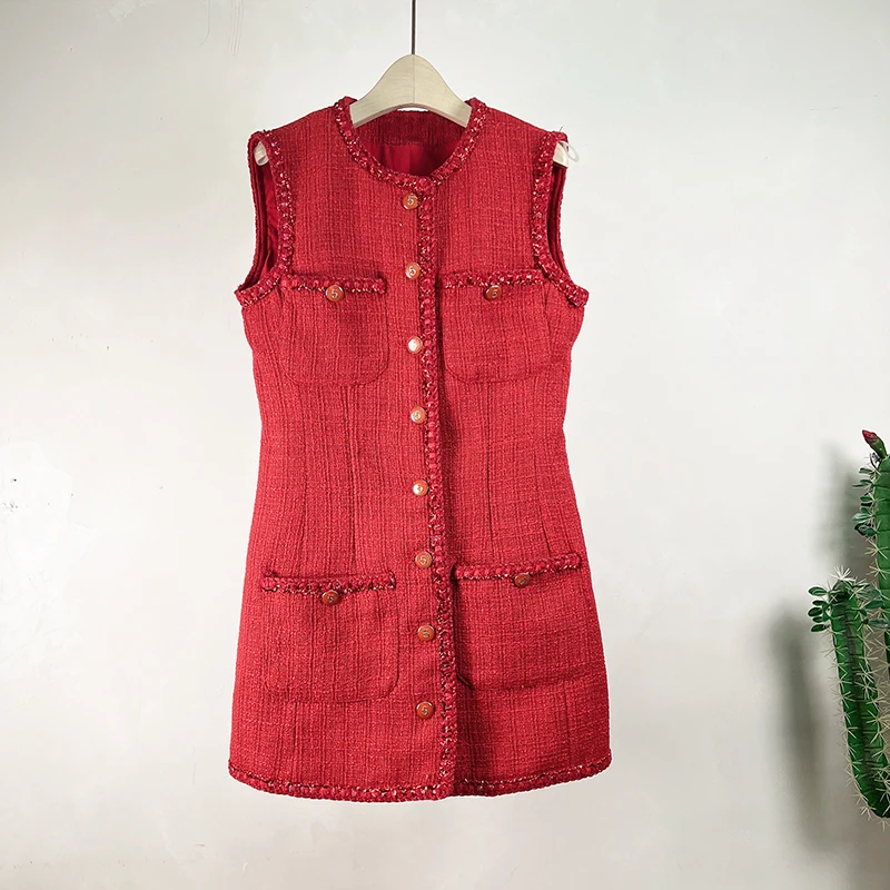 

Luxury Red Small Fragrant Woolen Pockets Dress Vintage Winter Women Numeral Single Breasted Sleeveless Tank Tweed Party Dresses