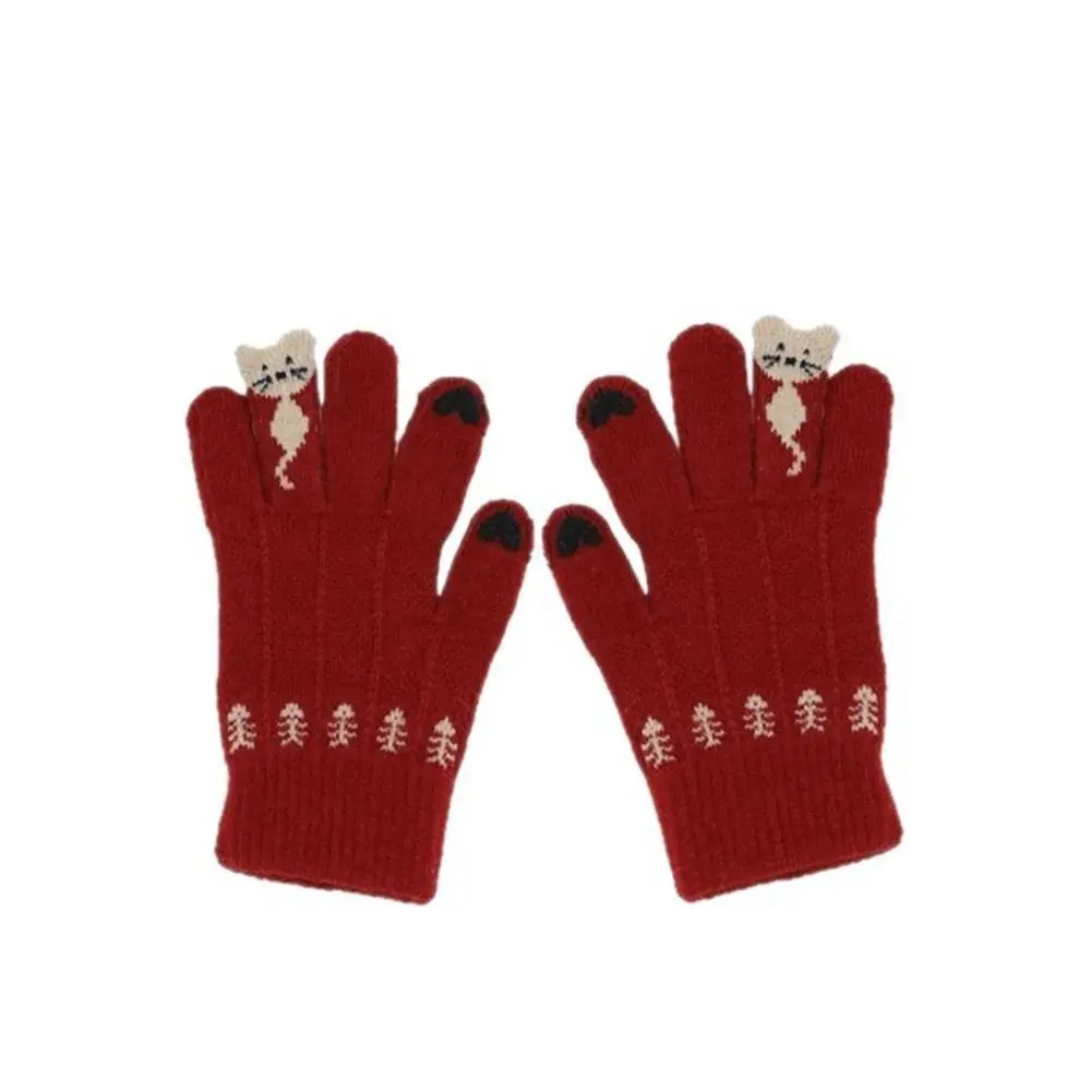 Cute Warm Lining Touch Screen Knitted Gloves Stretchy Kitty Pattern Full Finger Gloves Nylon Knit Gloves Daily Wear