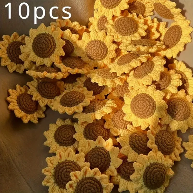 10pcs Handmade Woven Sunflower Decorations, Yellow Floral Charm with Brown Center Suitable for DIY Crafts, Sunflower Heads