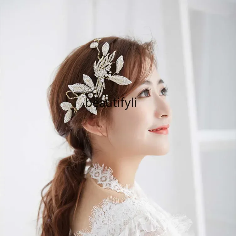 Diamond edge clip Japanese and Korean bridal headgear wedding dress pearl element hairpin champagne gold hair accessories