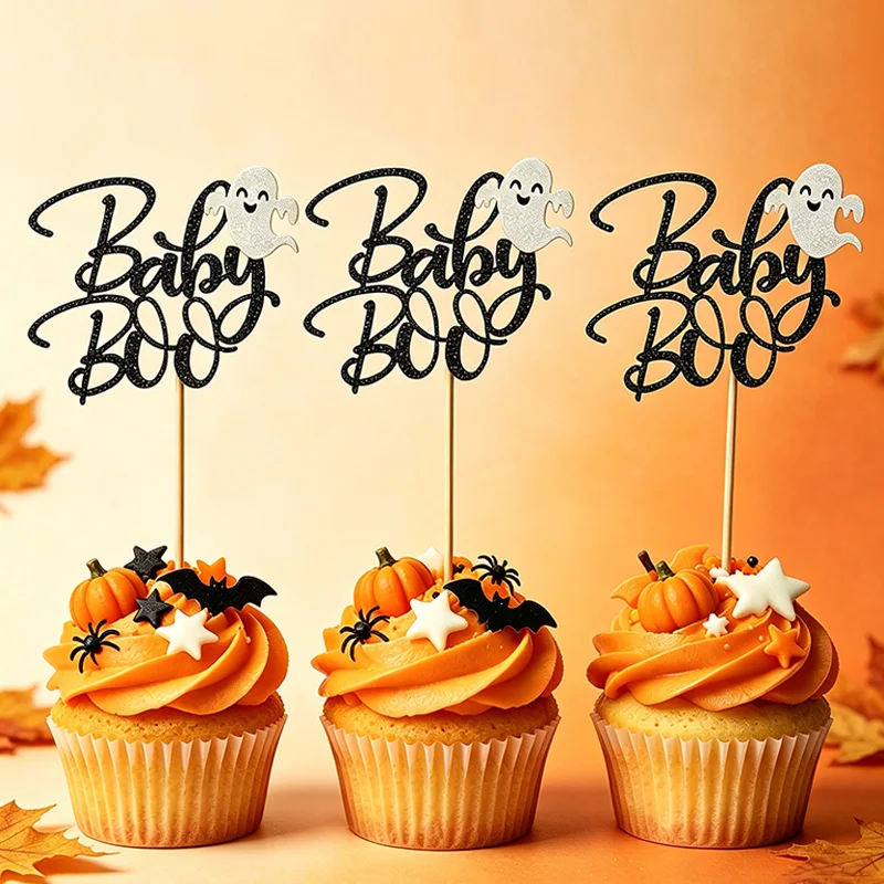 YOMDID 24Pcs Halloween Boo Cupcake Toppers Glitter Boo Ghost Silhouette Cake Picks for Fall Holiday Party Cake Decorations - view 6