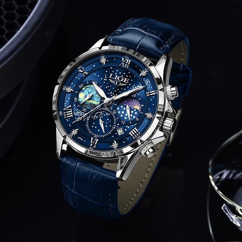 New LIGE Mens Watch Luxury Moon Phase Waterproof Date Clock Casual Blue Leather Quartz WristWatches Men Chronograph reloj hombre