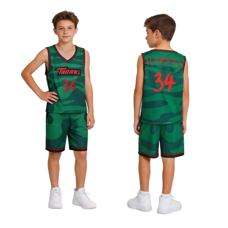 Vineland Thorns Basketball Jersey Set GOAT Movie Will 0 Green Camo Uniform Mesh Shirt Sportswear Men's Clothing Kids Tshirt image 6