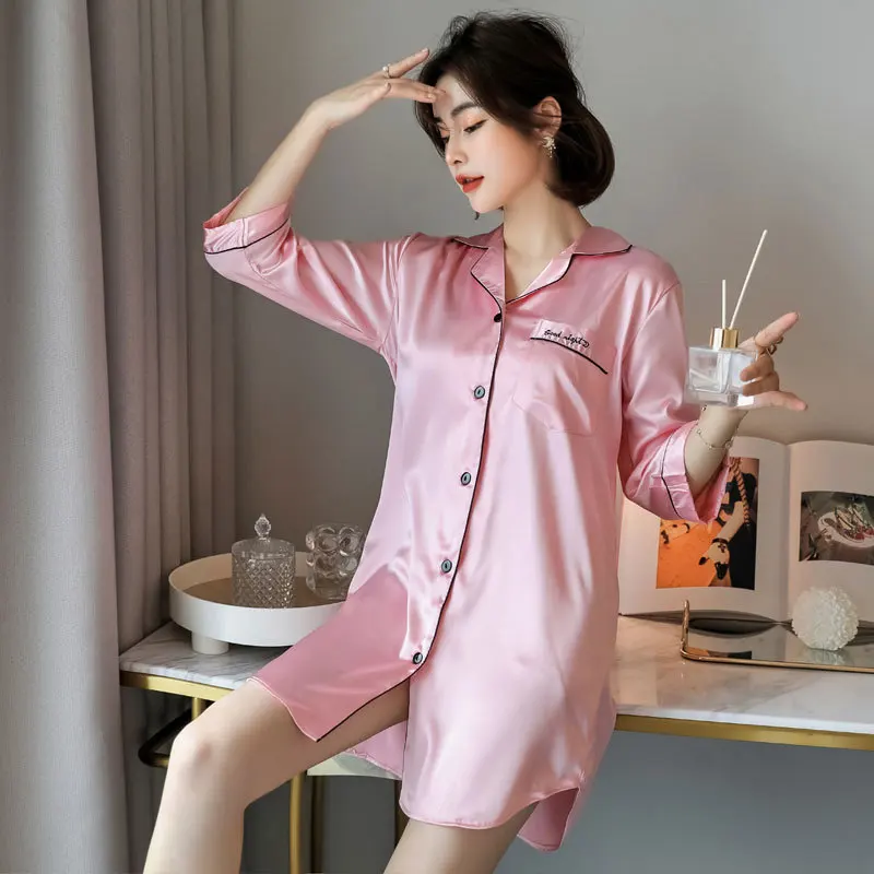 Simulated Silk White Women Nightdress Summer Sexy Thin Shirt Button Medium Long Spring Autumn Private Room Pajamas Khaki Clothes