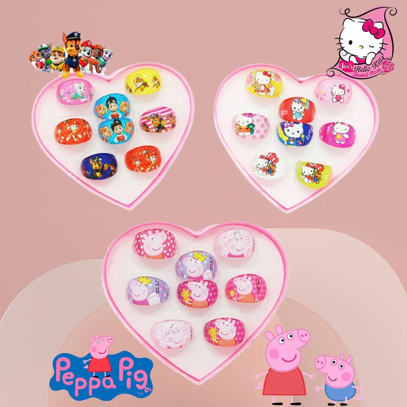 8 pieces/box Disney cartoon anime children's ring acrylic ring PAW Patrol Peppa Pig Hello Kitty Halloween  party gift  ring girl