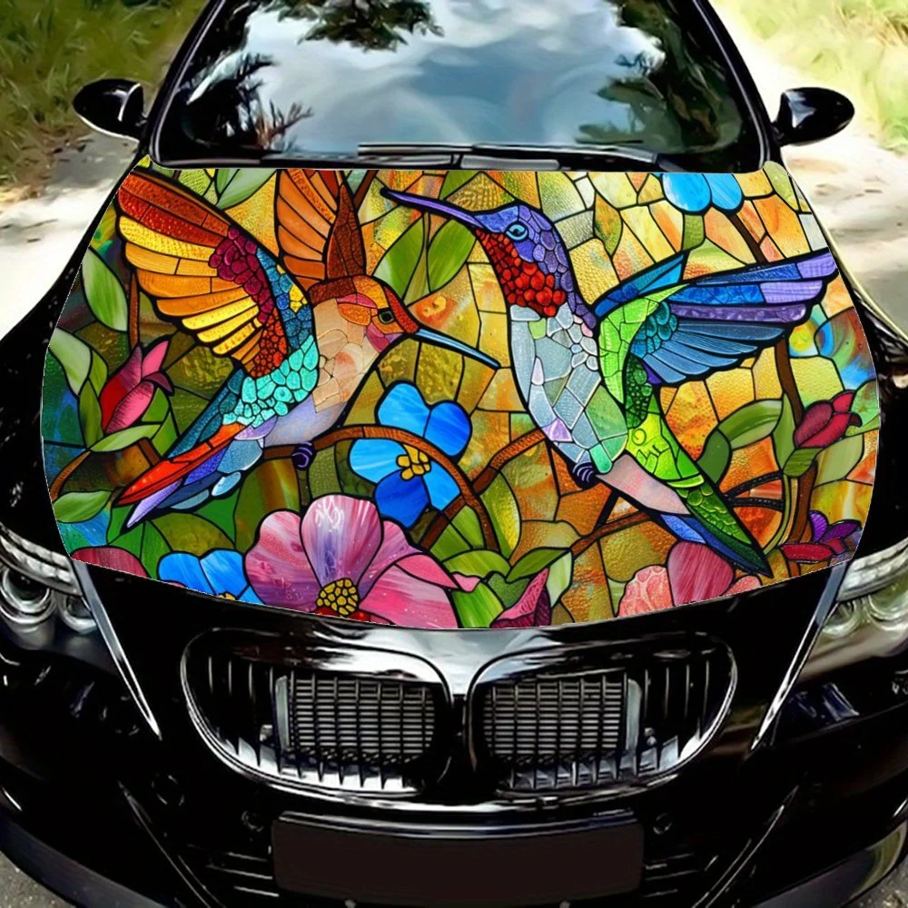 

Colorful Glass Painting Style with Colorful Hummingbirds and Vibrant Flowers Car Hood Wrap Color Vinyl Sticker Truck Graphic Bon