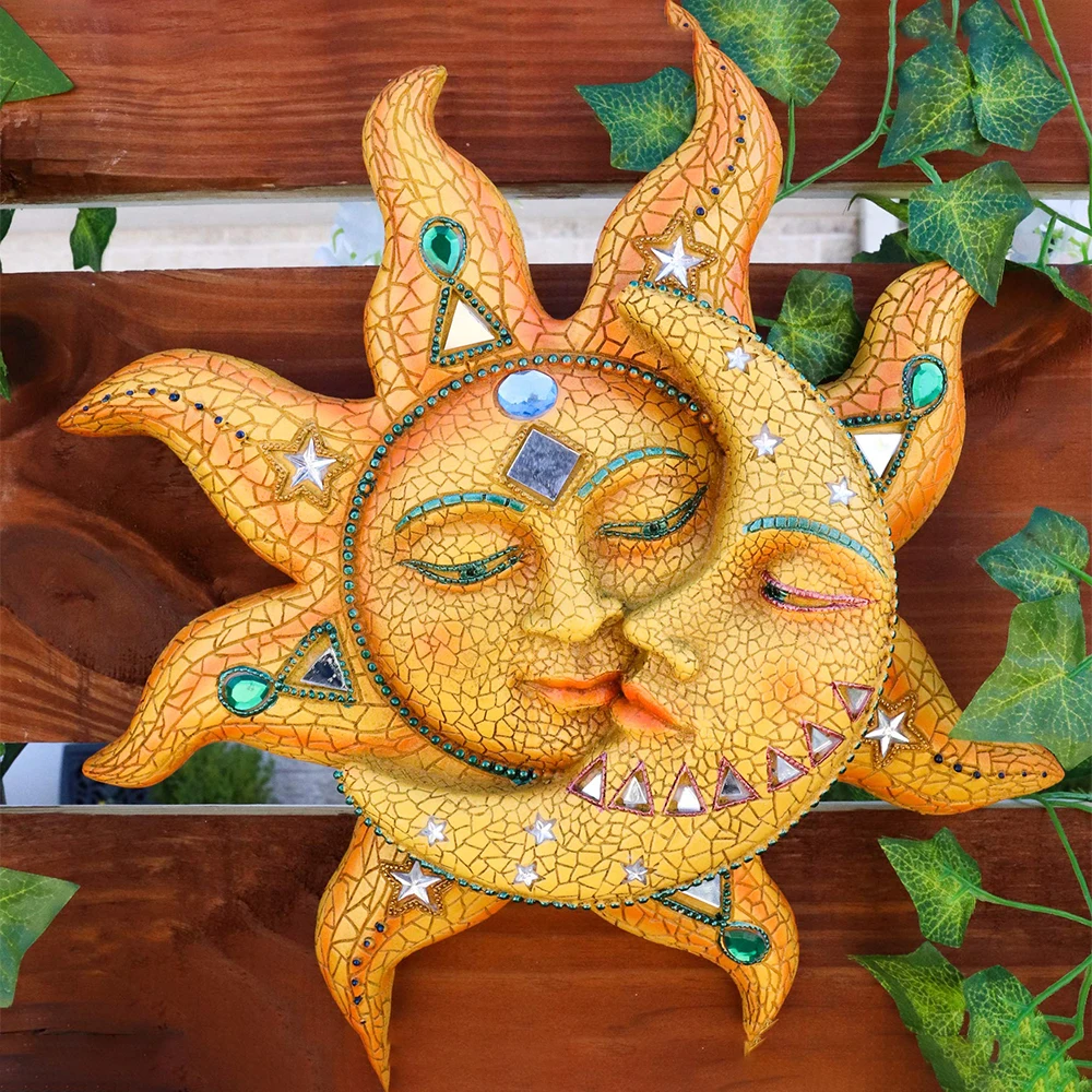 Colorful Metal Carving Celestial Mosaic Sun and Moon Wall Hanging Ornament Plaque Sculpture for Indoor Outdoor Home Wall Decor