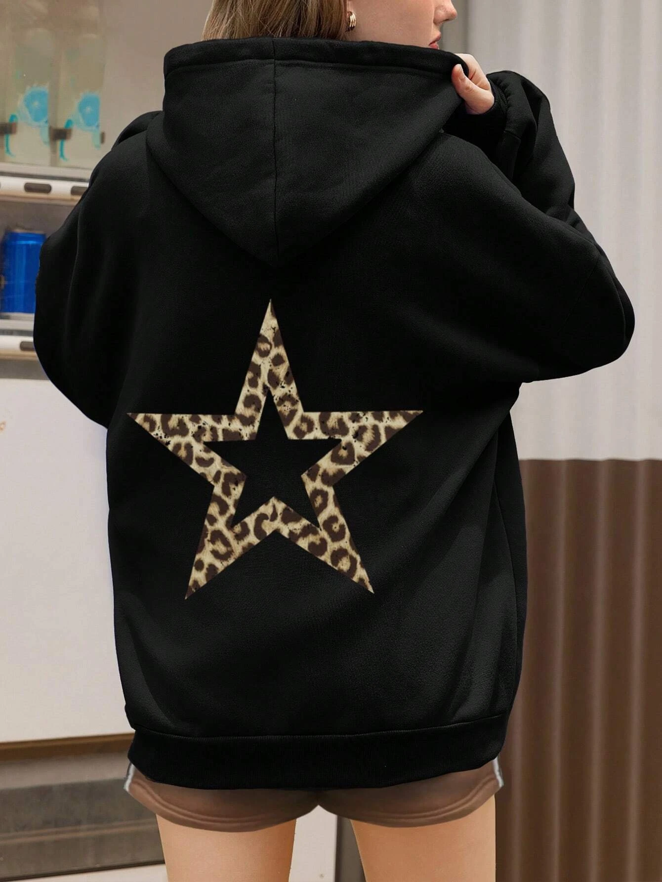 Leopard print star Printing Womens Hoodies Autumn Oversized Hoody All-Match Fleece Clothing Street Soft Woman Sportswear