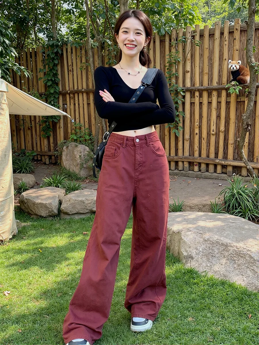 

Красные свободные джинсы с широкими штанинами, женские темно-черные повседневные модные женские брюки с высокой талией, удобные винтажные летние брюки