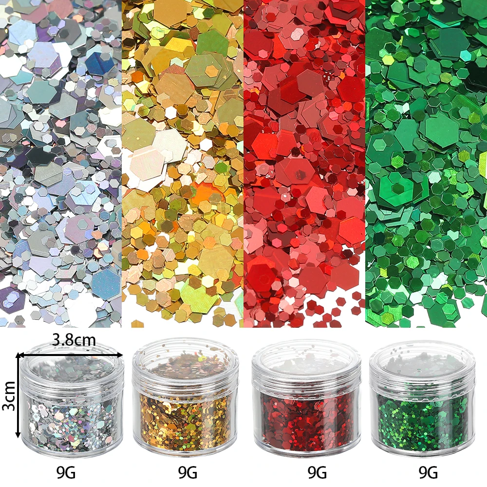 رقائق حشو راتنجات الإيبوكسي لامعة ومزينة بسداسي ، ترتر ليزر مجسم لفن الأظافر سهل التركيب ، 4 زجاجات لكل مجموعة