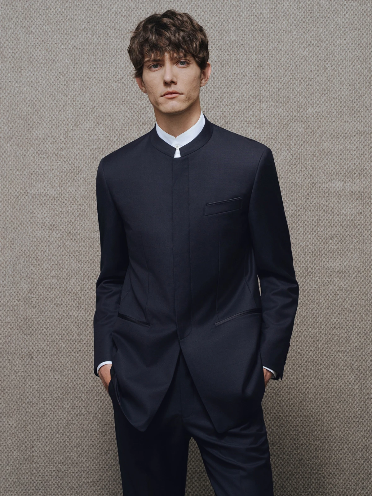 Men's Mandarin Collar Suit New Chinese Style Mao Suit 2 Piece Set 100% Australian Wool Blazer for Wedding Groom Formal Tuxedo 58