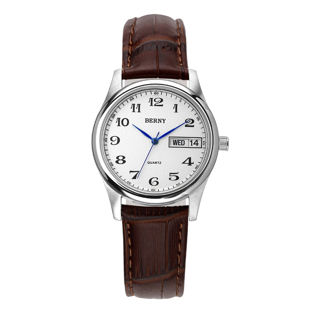 BERNY-Reloj de pulsera de cuero para mujer, cronógrafo de cuarzo, resistente al agua, 3ATM