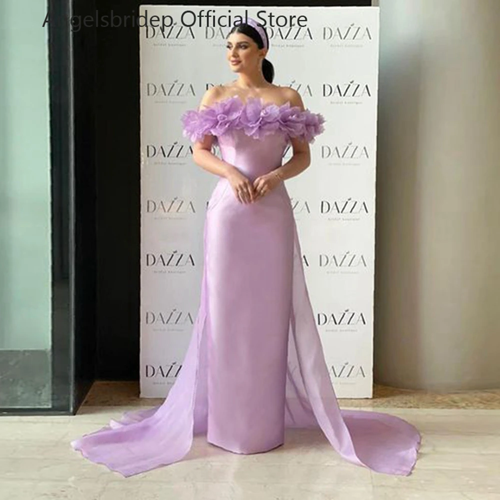 

Angelsbridep Lilac Mermaid Vestidos Elegantes Para Mujer Evening Dresses Straplss 3D Flowers With Long Cape Robes De Soirée