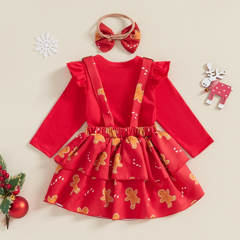 2024-07-27 Lioraitiin Baby Girl Christmas Outfits Solid Color Ribbed Long Sleeve Romper with Cartoon Print Dress and Headband